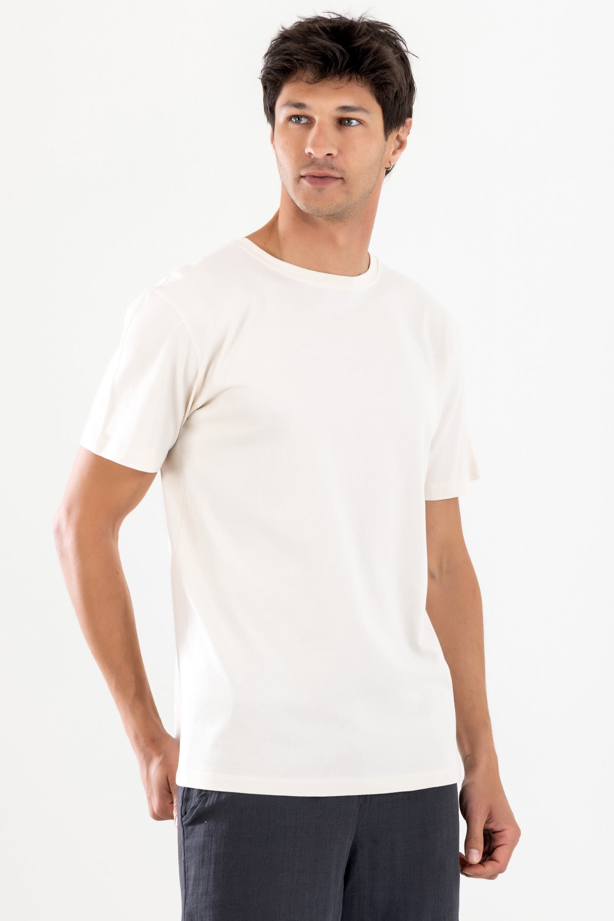 Bisiklet Yaka Erkek Basic Tişört - Krem