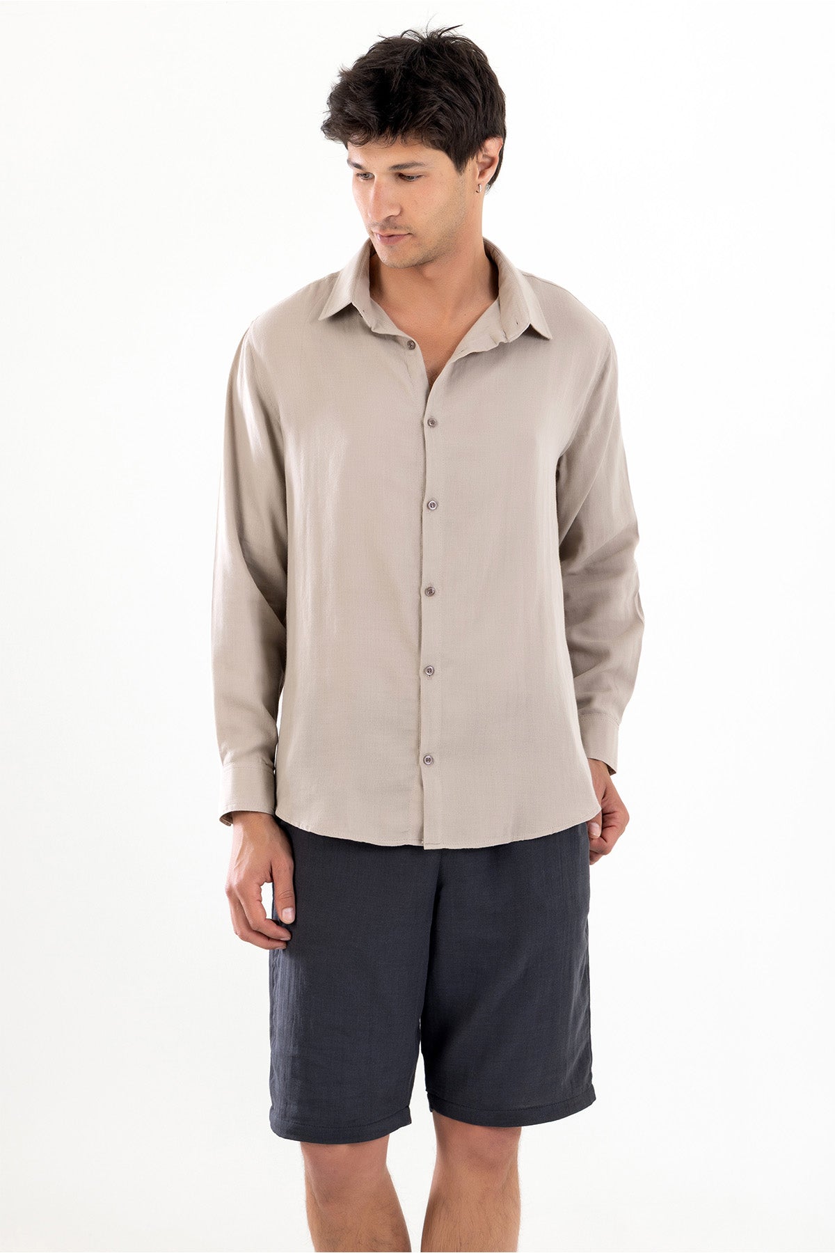 Uzun Kollu Erkek Müslin Gömlek - Bej