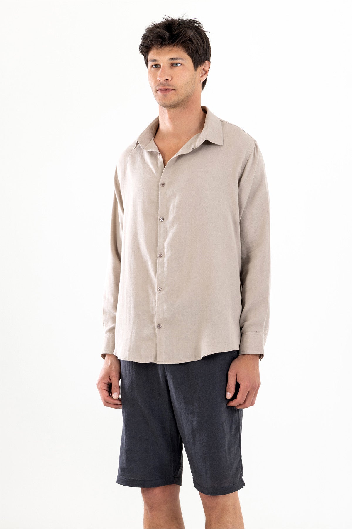 Uzun Kollu Erkek Müslin Gömlek - Bej