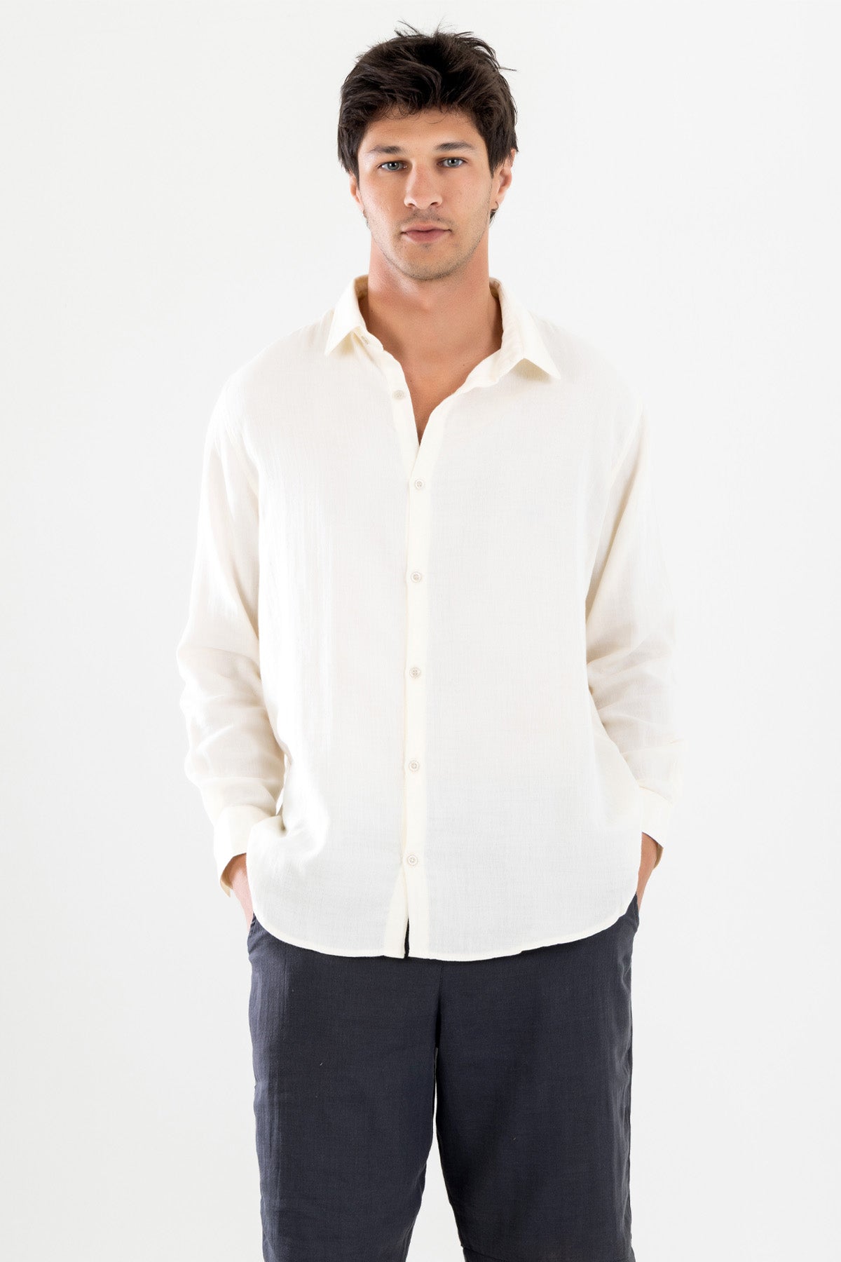 Uzun Kollu Erkek Müslin Gömlek - Krem