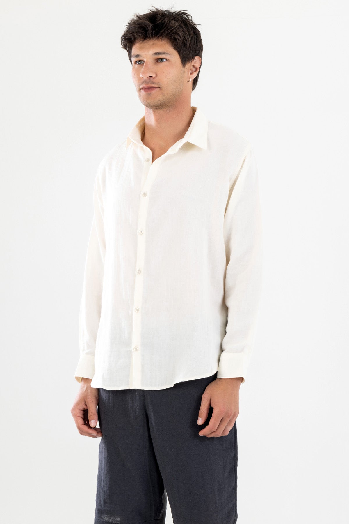 Uzun Kollu Erkek Müslin Gömlek - Krem