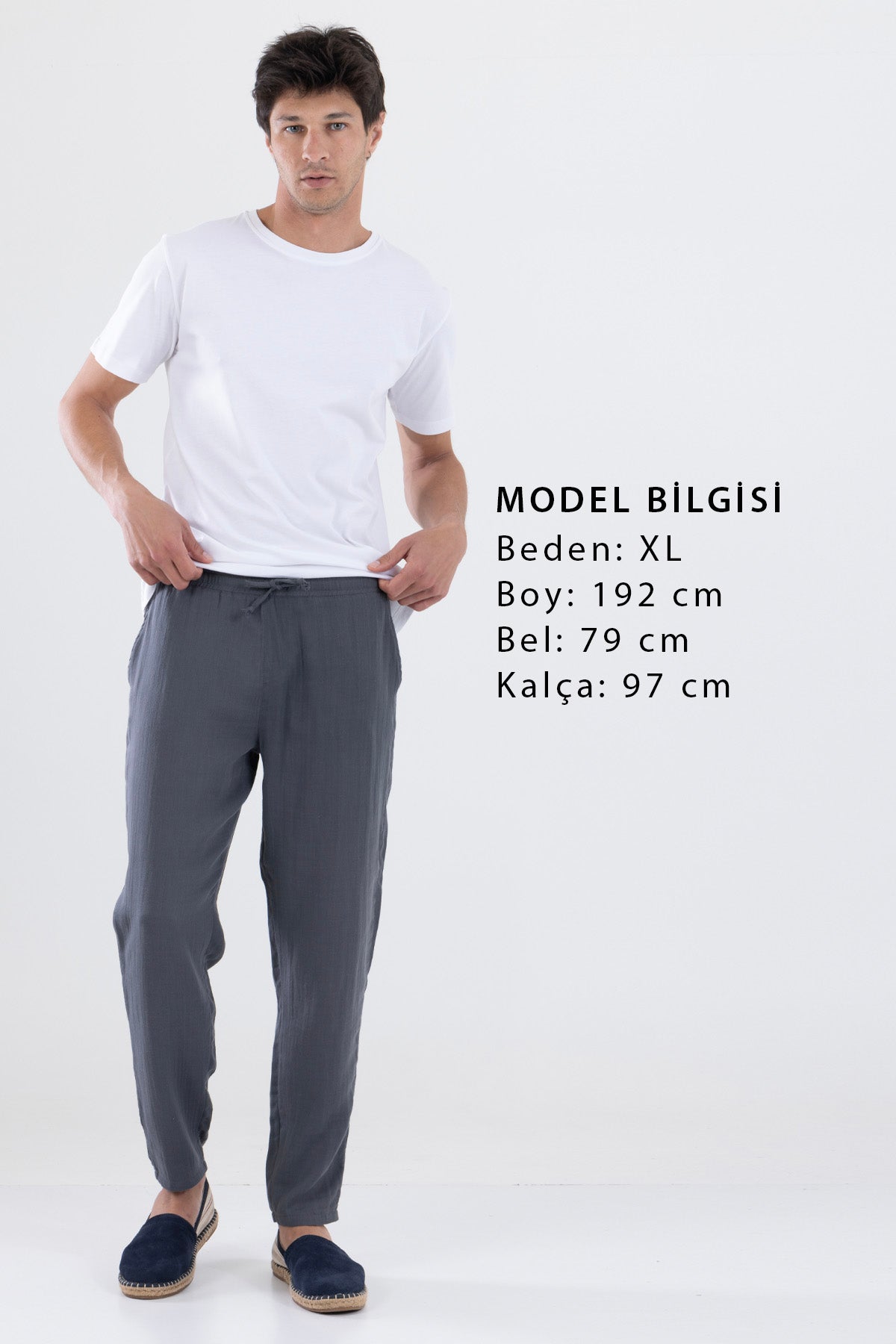 Dar Paça Beli Bağcıklı Erkek Müslin Pantolon - Füme