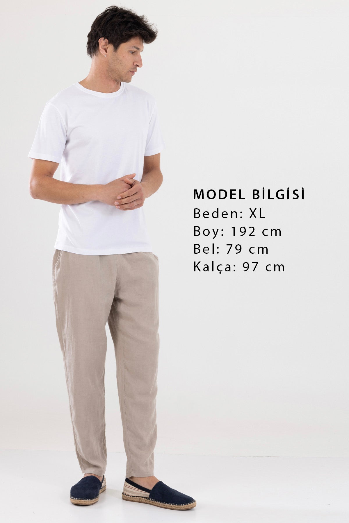 Dar Paça Beli Bağcıklı Erkek Müslin Pantolon - Bej