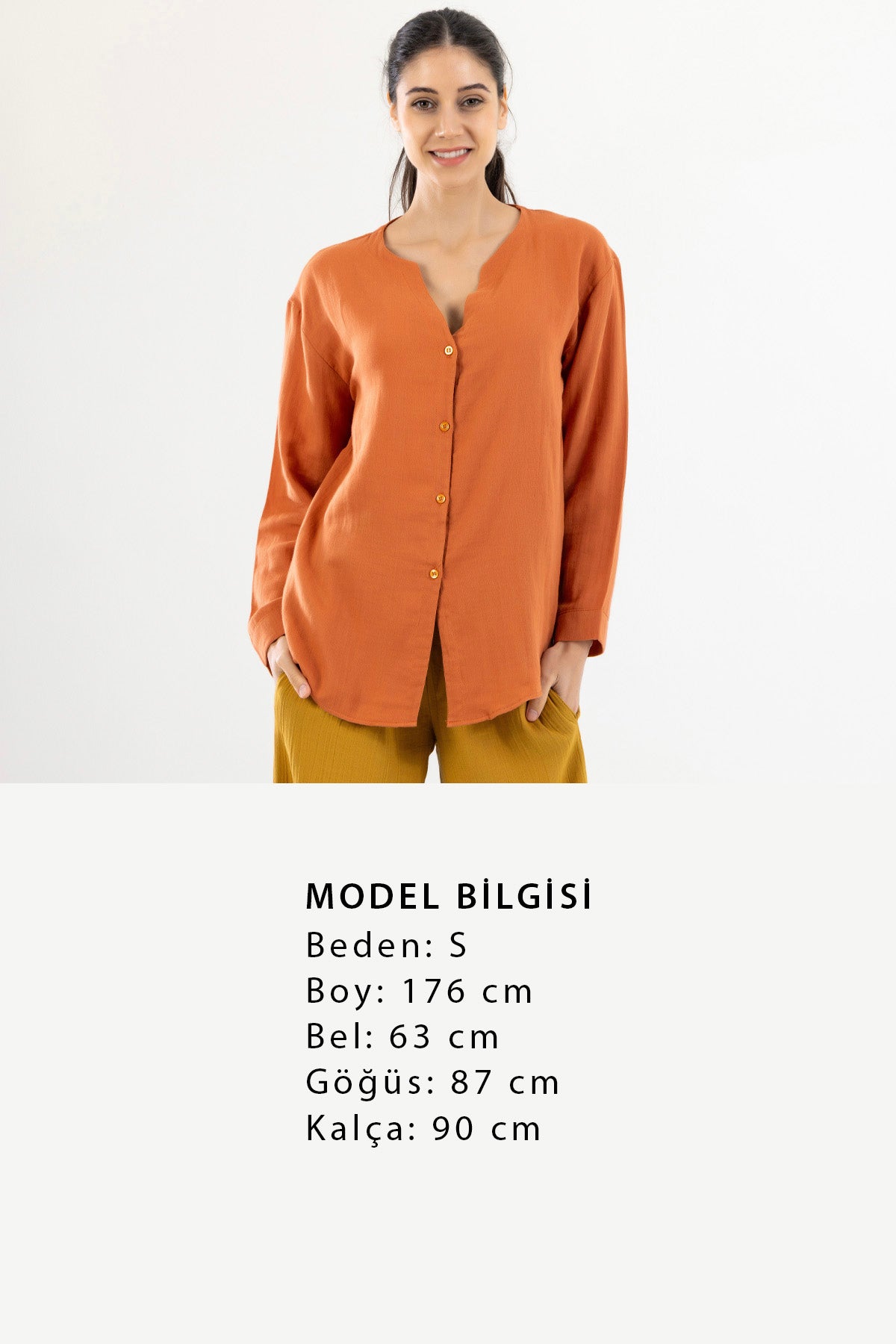 Uzun Kollu Kadın Müslin Gömlek - Kiremit