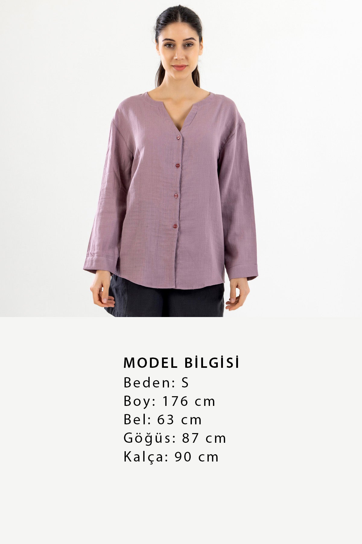 Uzun Kollu Kadın Müslin Gömlek - Mürdüm