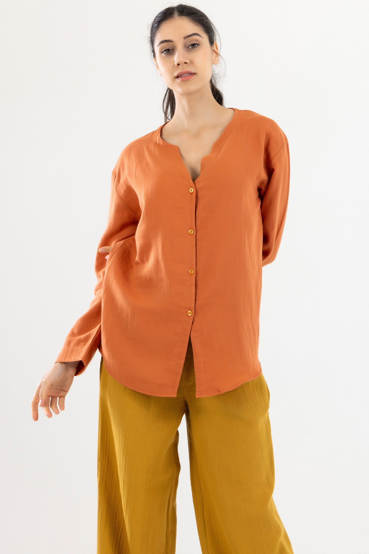 Uzun Kollu Kadın Müslin Gömlek - Kiremit