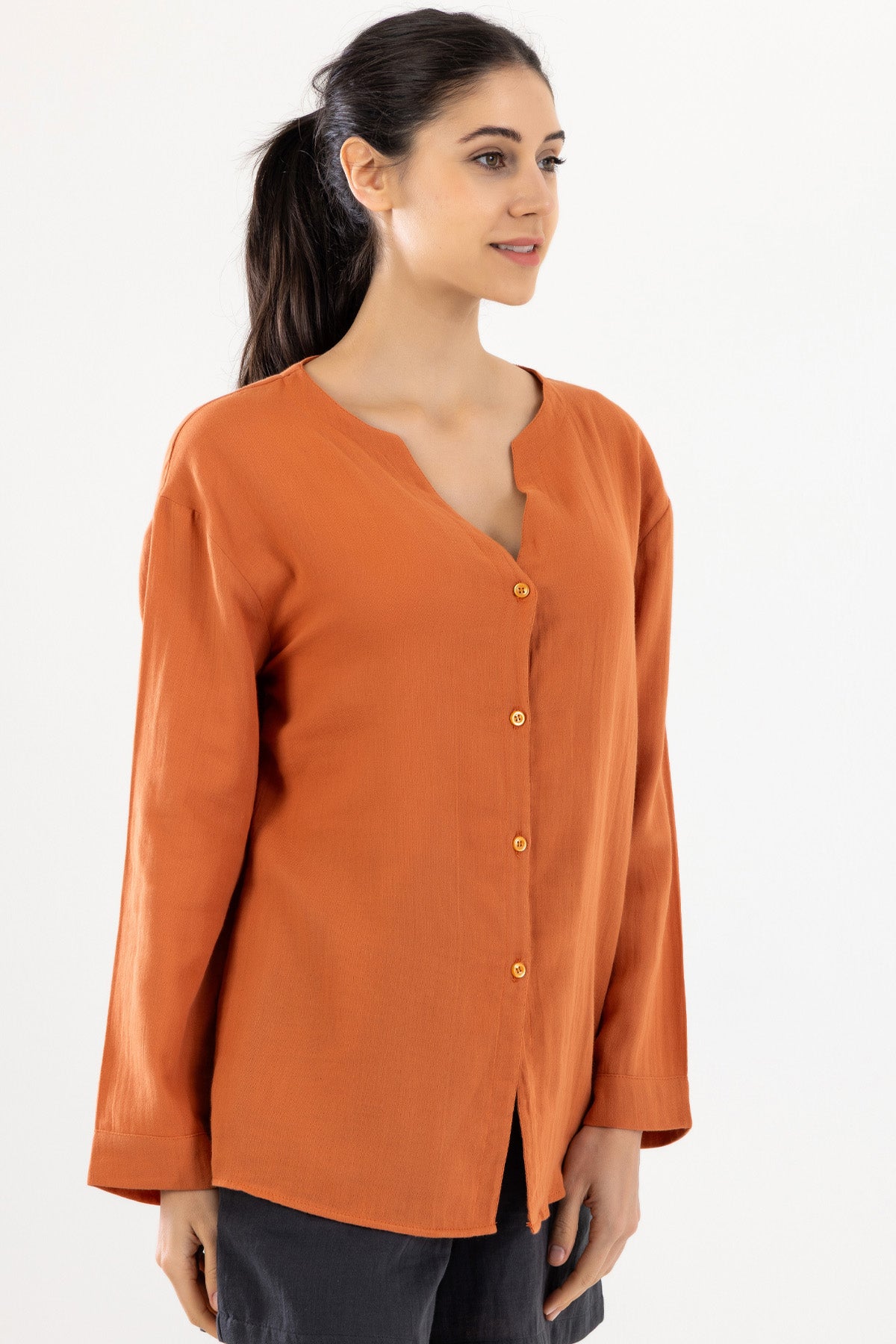 Uzun Kollu Kadın Müslin Gömlek - Kiremit