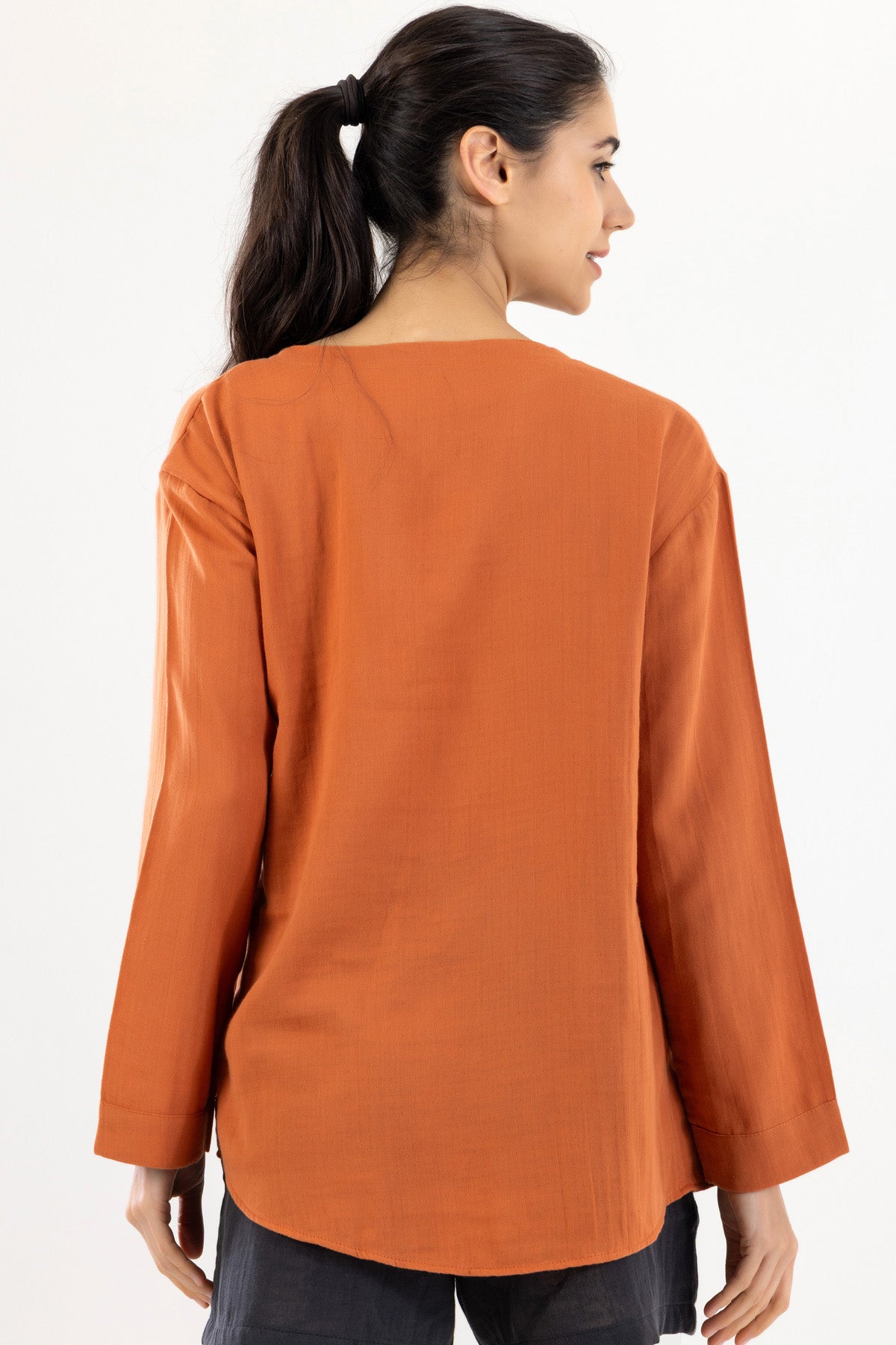 Uzun Kollu Kadın Müslin Gömlek - Kiremit