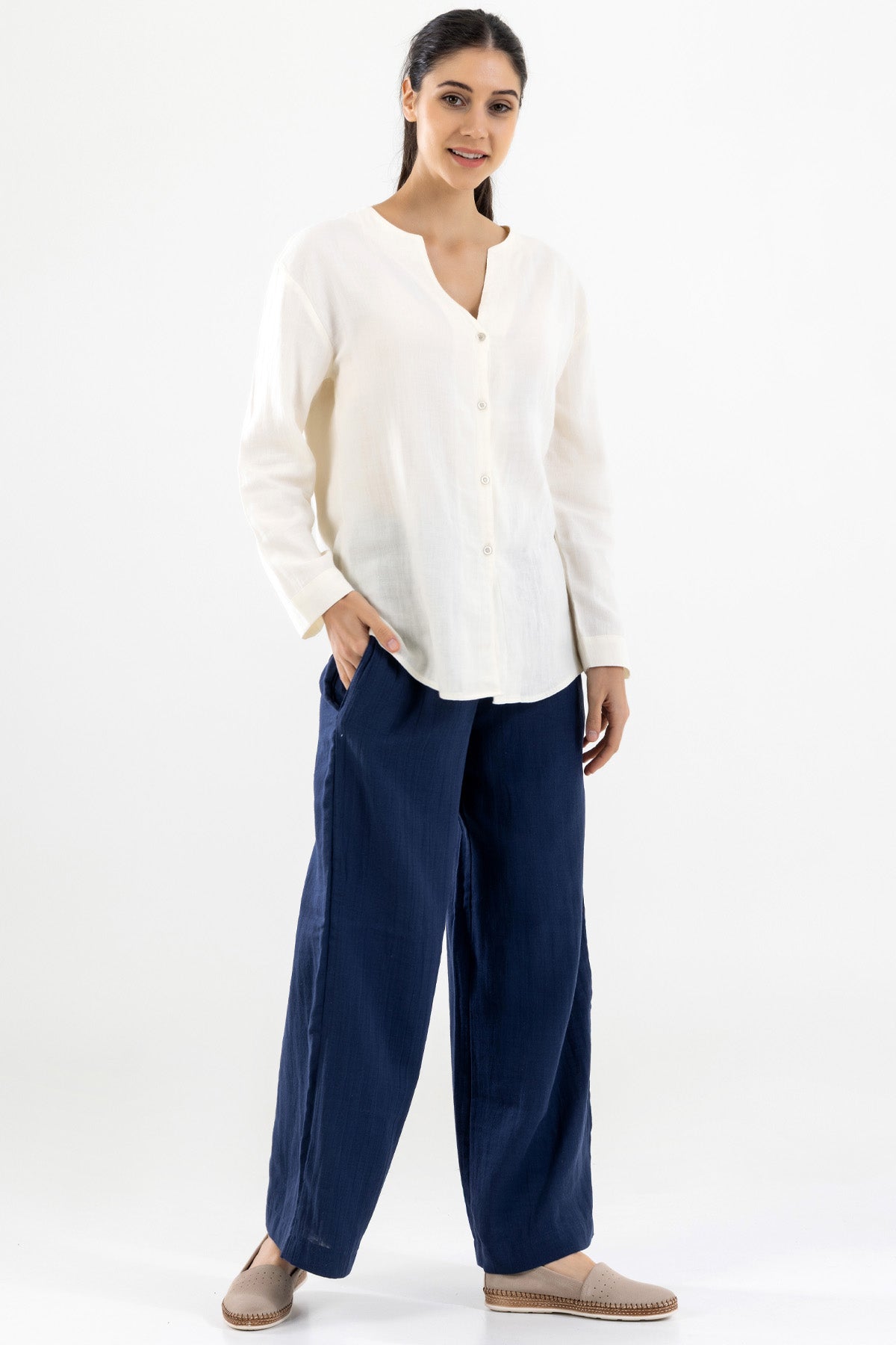 Uzun Kollu Kadın Müslin Gömlek - Krem