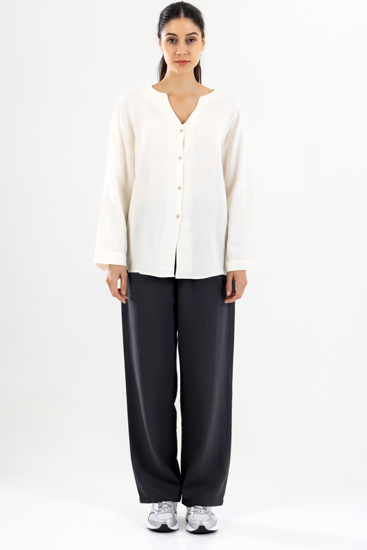 Uzun Kollu Kadın Müslin Gömlek - Krem