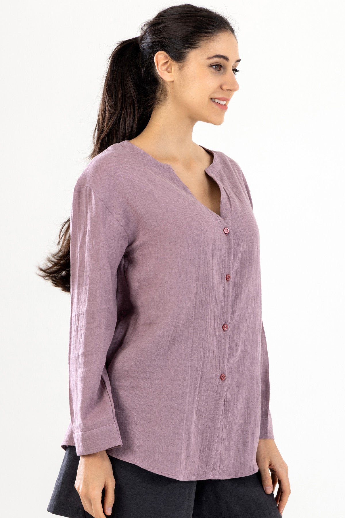 Uzun Kollu Kadın Müslin Gömlek - Mürdüm