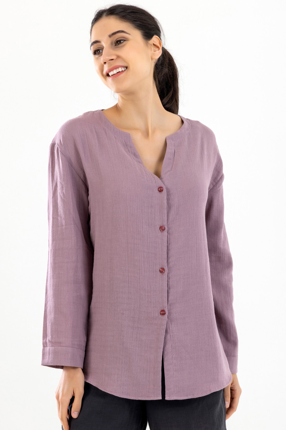 Uzun Kollu Kadın Müslin Gömlek - Mürdüm