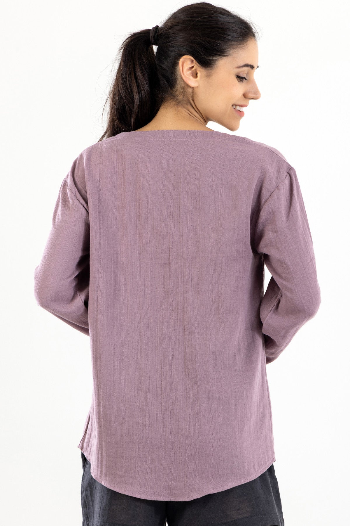 Uzun Kollu Kadın Müslin Gömlek - Mürdüm