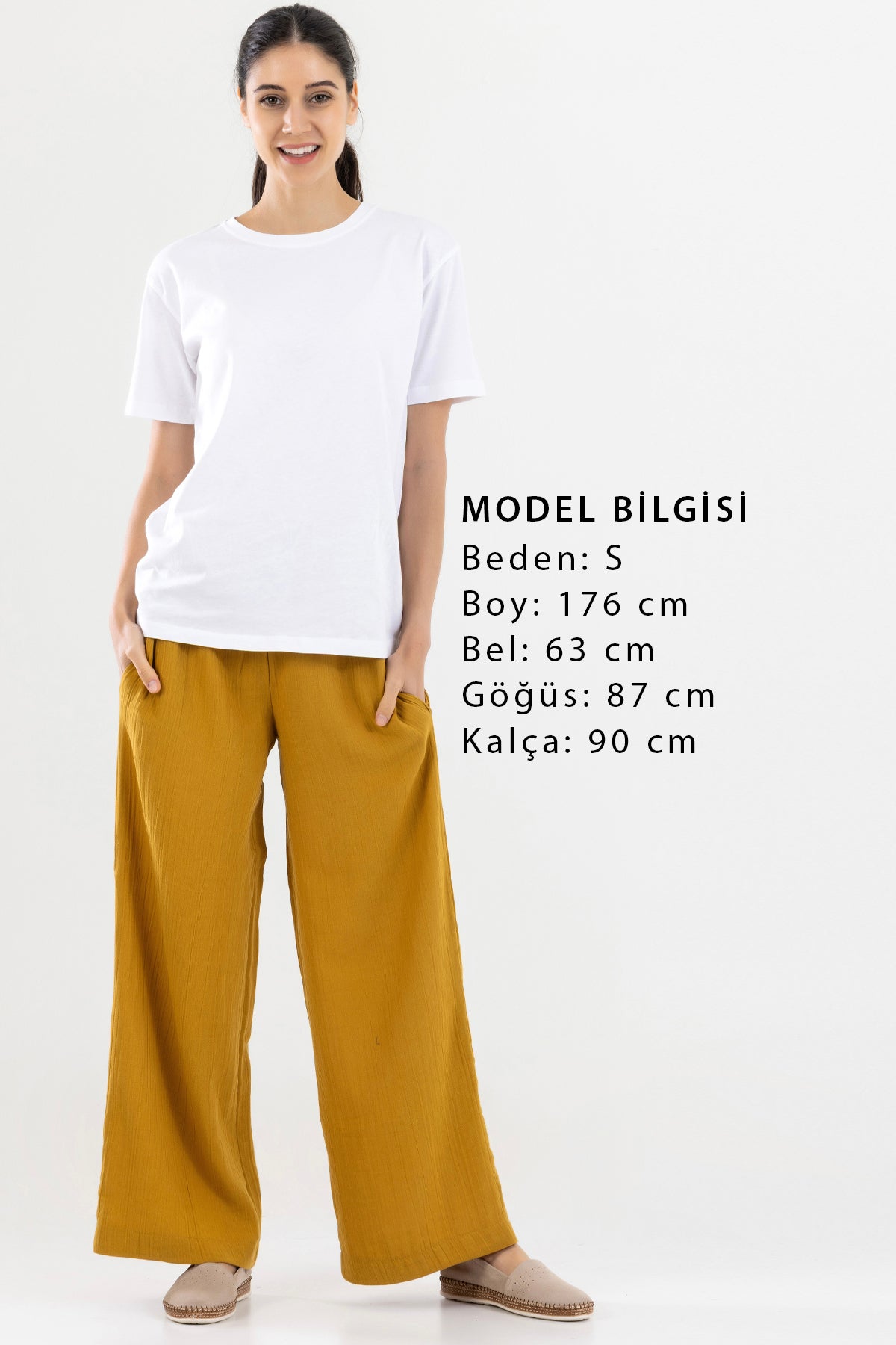 Dökümlü Bol Paça Kadın Müslin Pantolon - Hardal