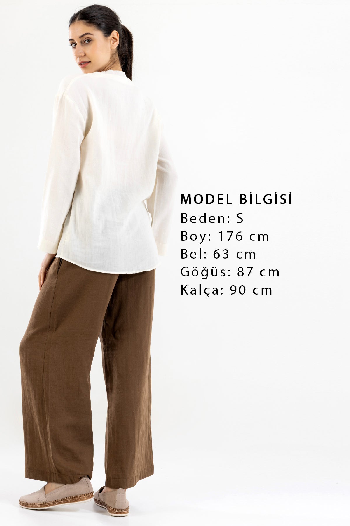 Dökümlü Bol Paça Kadın Müslin Pantolon - Kahverengi