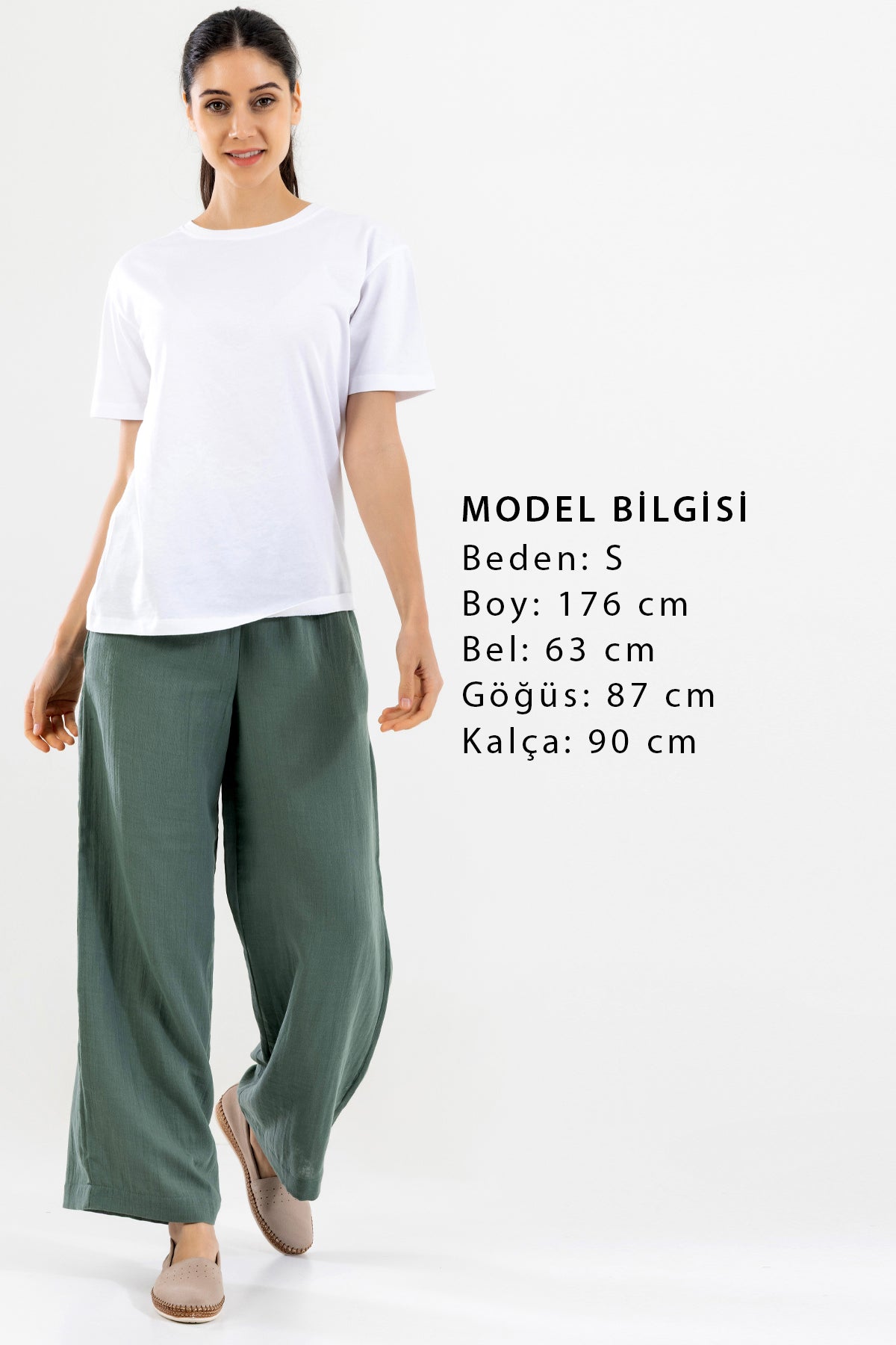 Dökümlü Bol Paça Kadın Müslin Pantolon - Su Yeşili