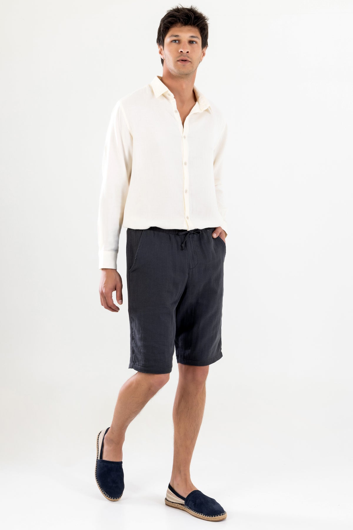 Bermuda Erkek Müslin Şort Beli Bağcıklı Cepli - Antrasit