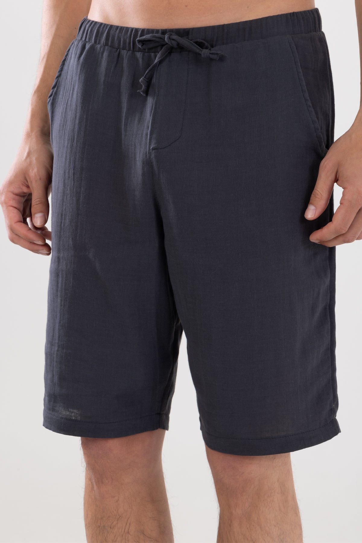 Bermuda Erkek Müslin Şort Beli Bağcıklı Cepli - Antrasit