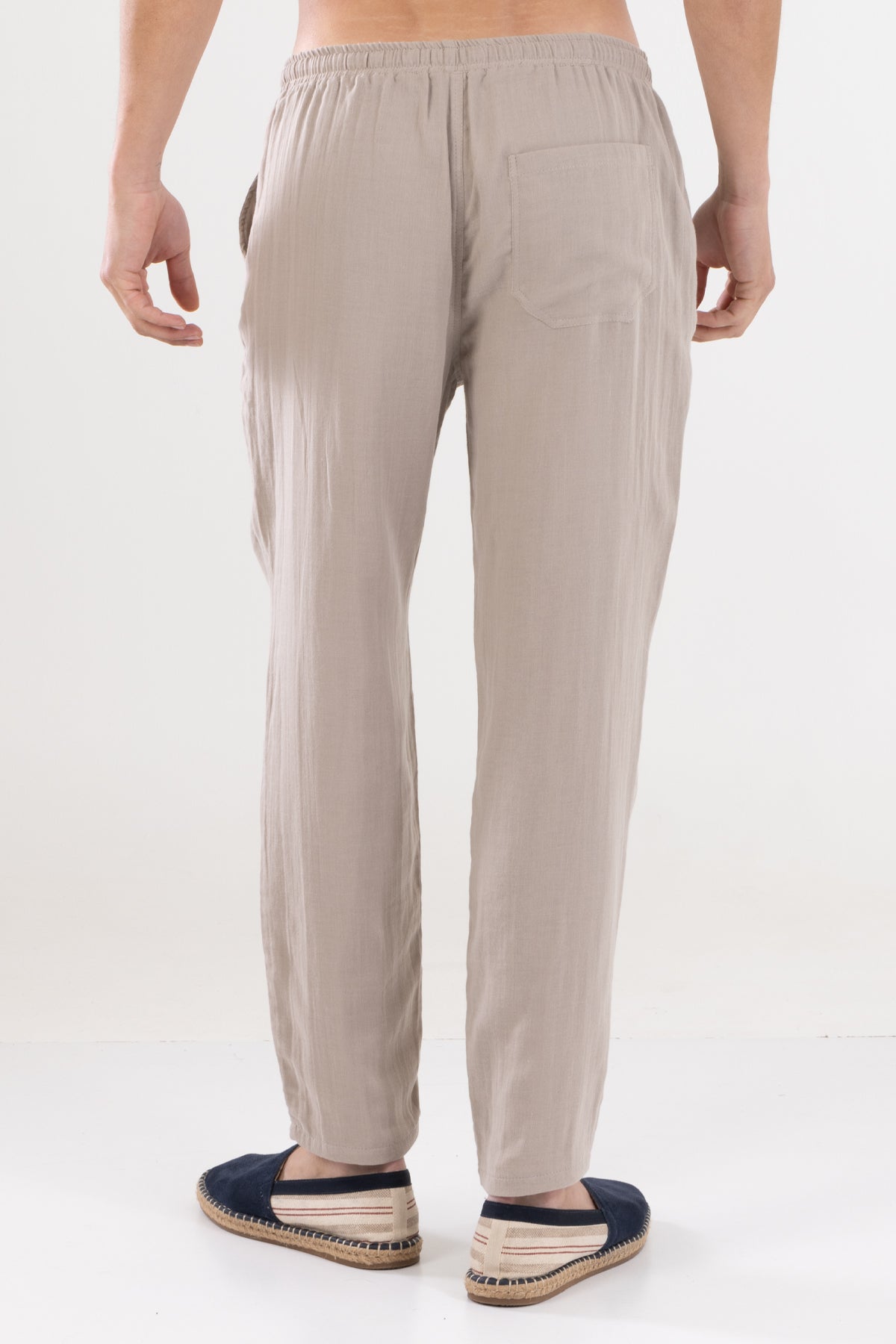 Dar Paça Beli Bağcıklı Erkek Müslin Pantolon - Bej