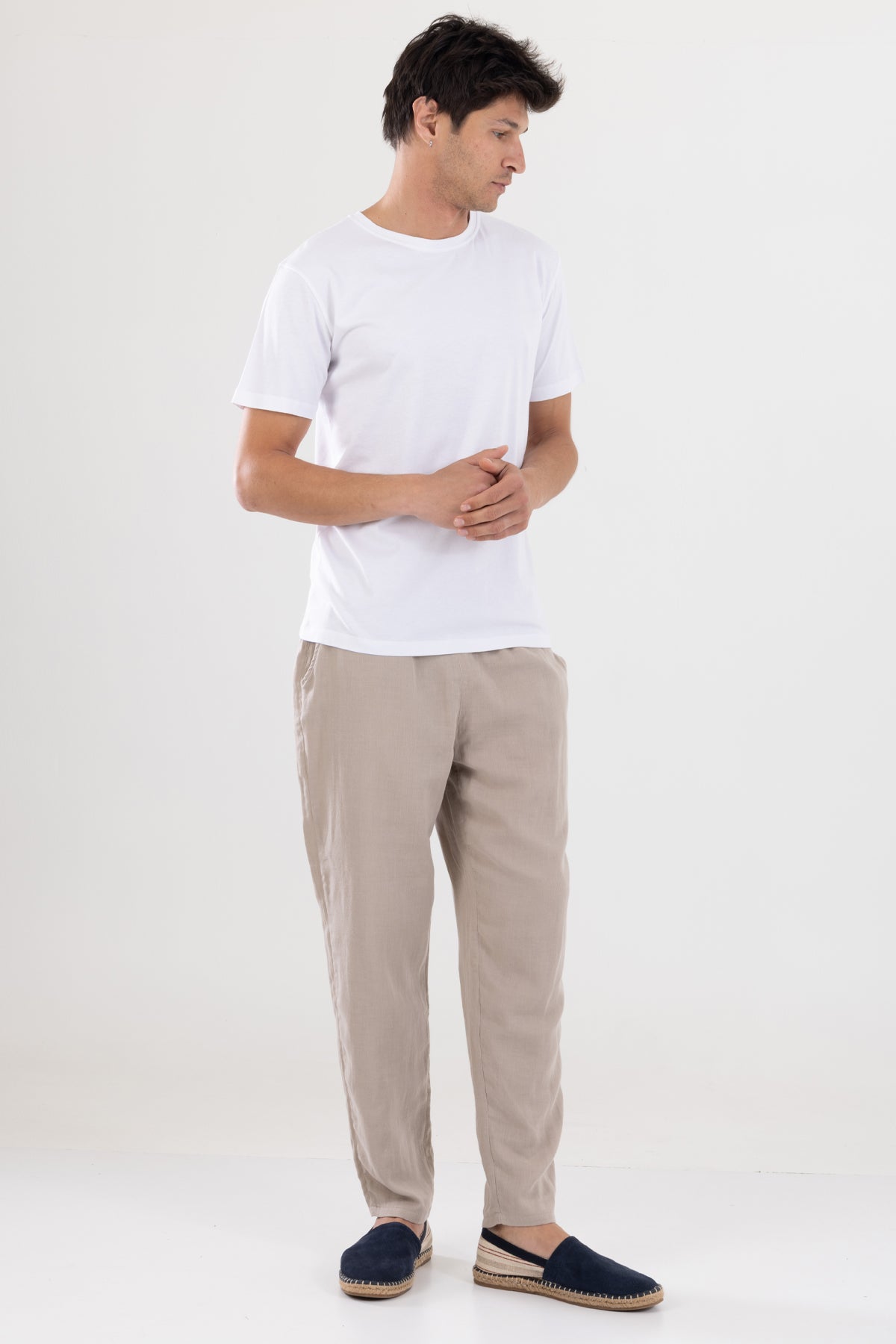 Dar Paça Beli Bağcıklı Erkek Müslin Pantolon - Bej