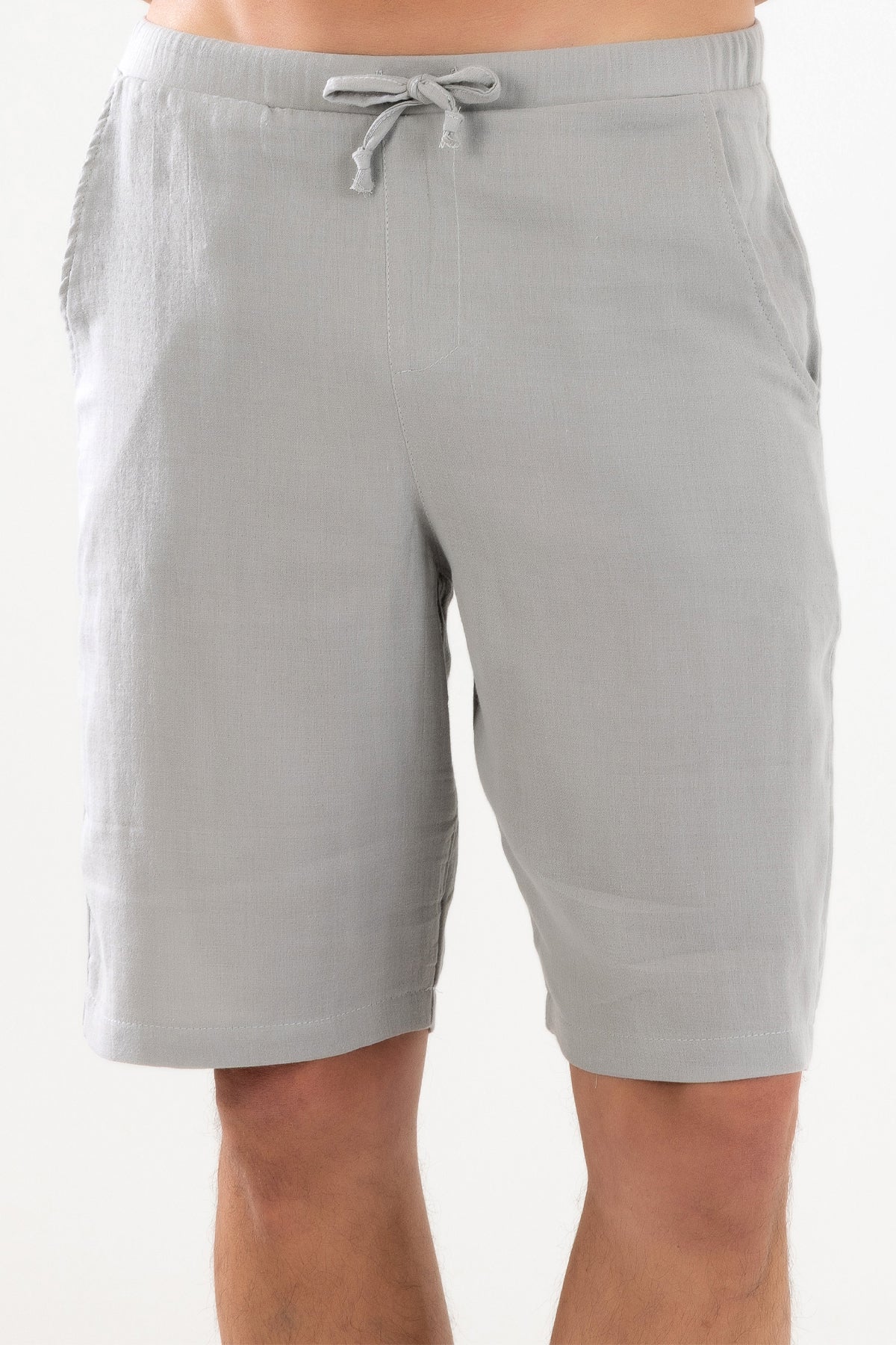 Bermuda Erkek Müslin Şort Beli Bağcıklı Cepli - Gri