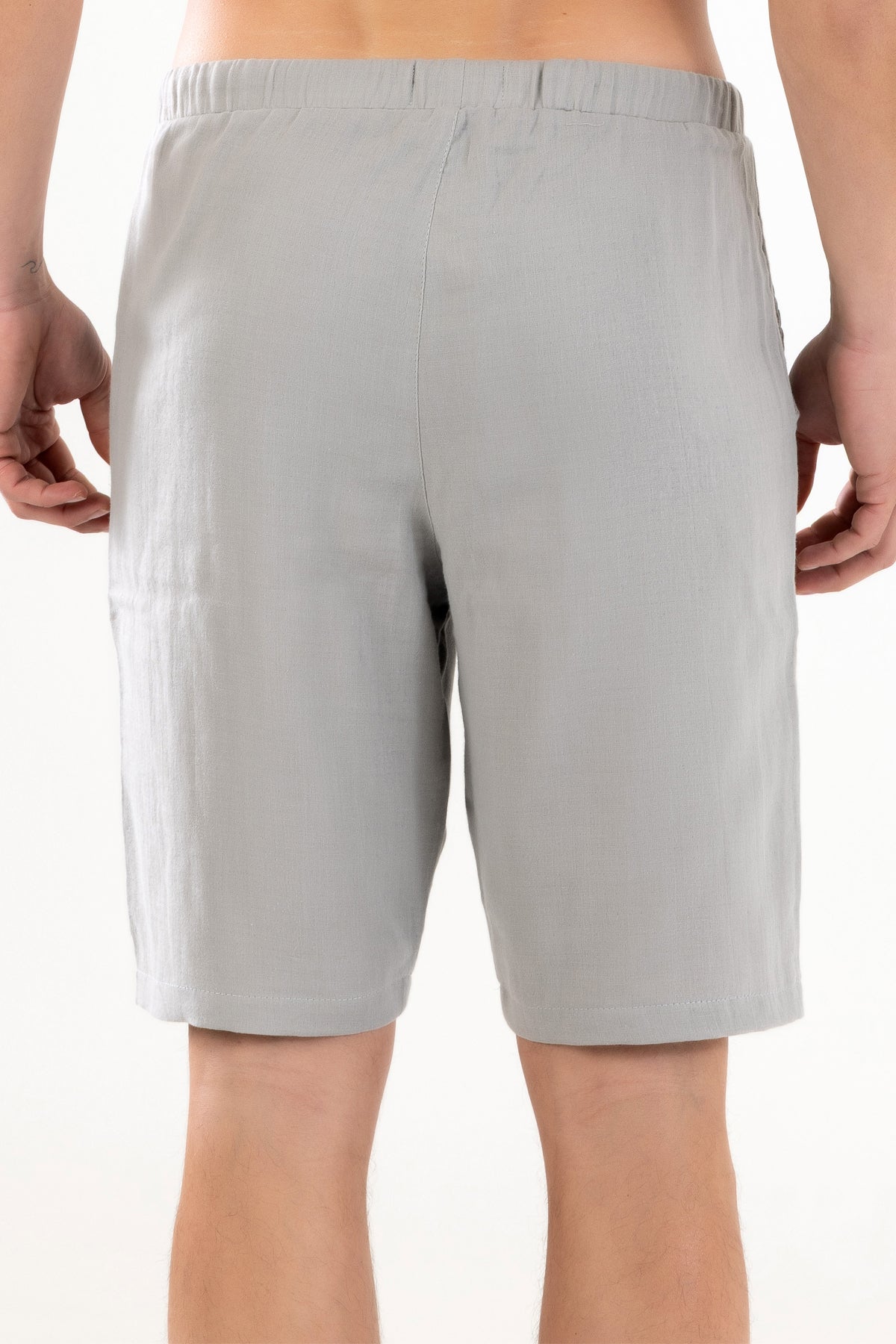 Bermuda Erkek Müslin Şort Beli Bağcıklı Cepli - Gri