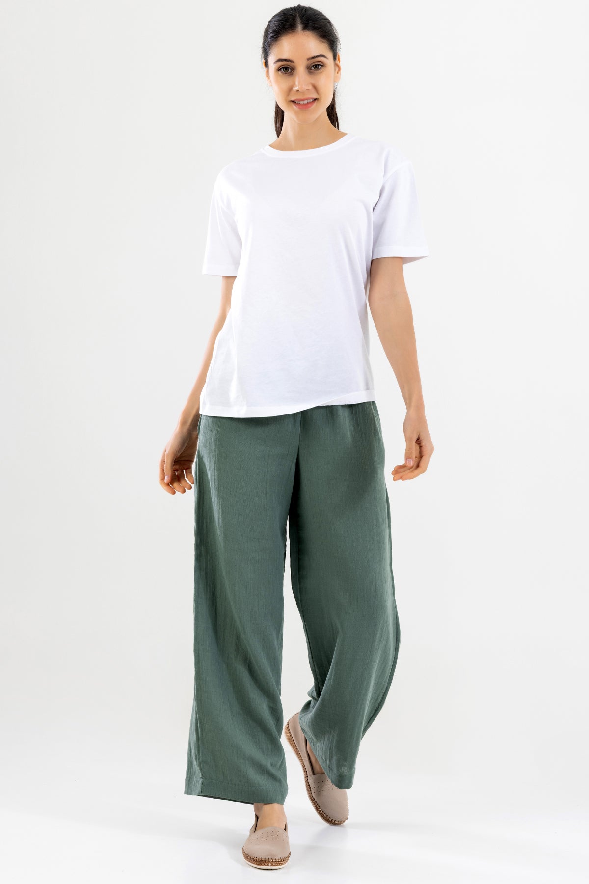 Dökümlü Bol Paça Kadın Müslin Pantolon - Su Yeşili